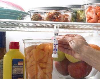 A view of the interior of a refrigerator shows shelves with food and a thermometer hanging from a shelf. A person's hand is shown touching the thermometer.