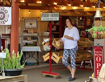 A woman shops at a farm stand offering produce and plants