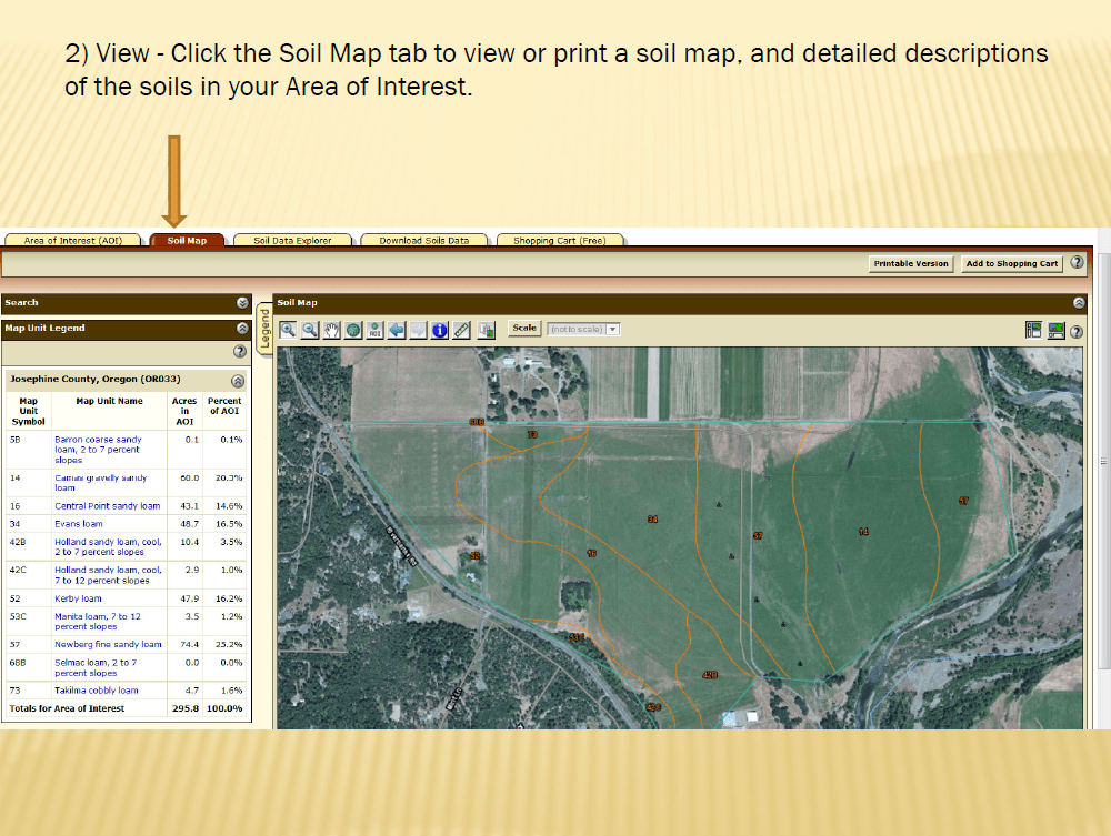 Screenshot of Natural Resources Conservation Service's Web Soil Survey website showing a user's area of interest and describing how to access information on the area's soil.