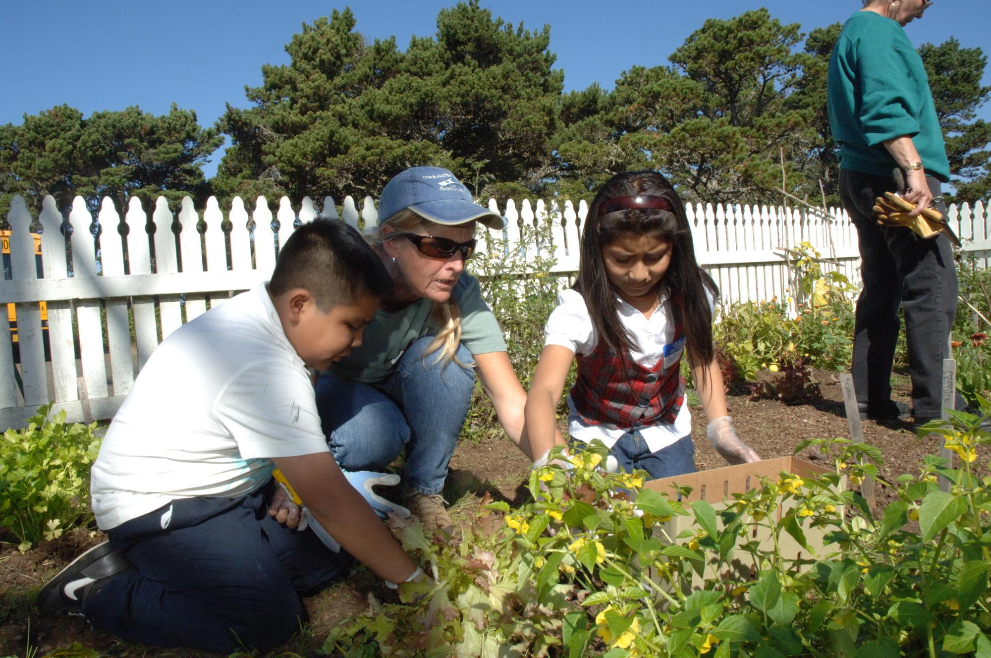 An adult and two kids working in a garden