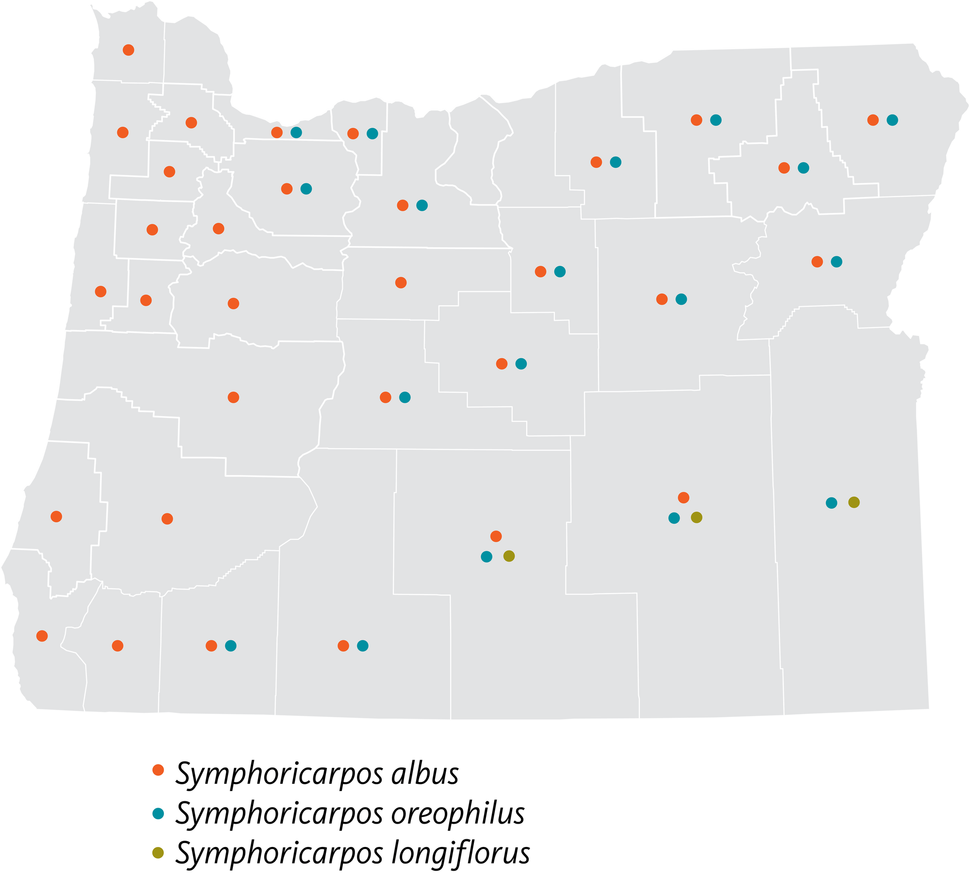 Map of Oregon counties showing which of three species of snowberry occurs where