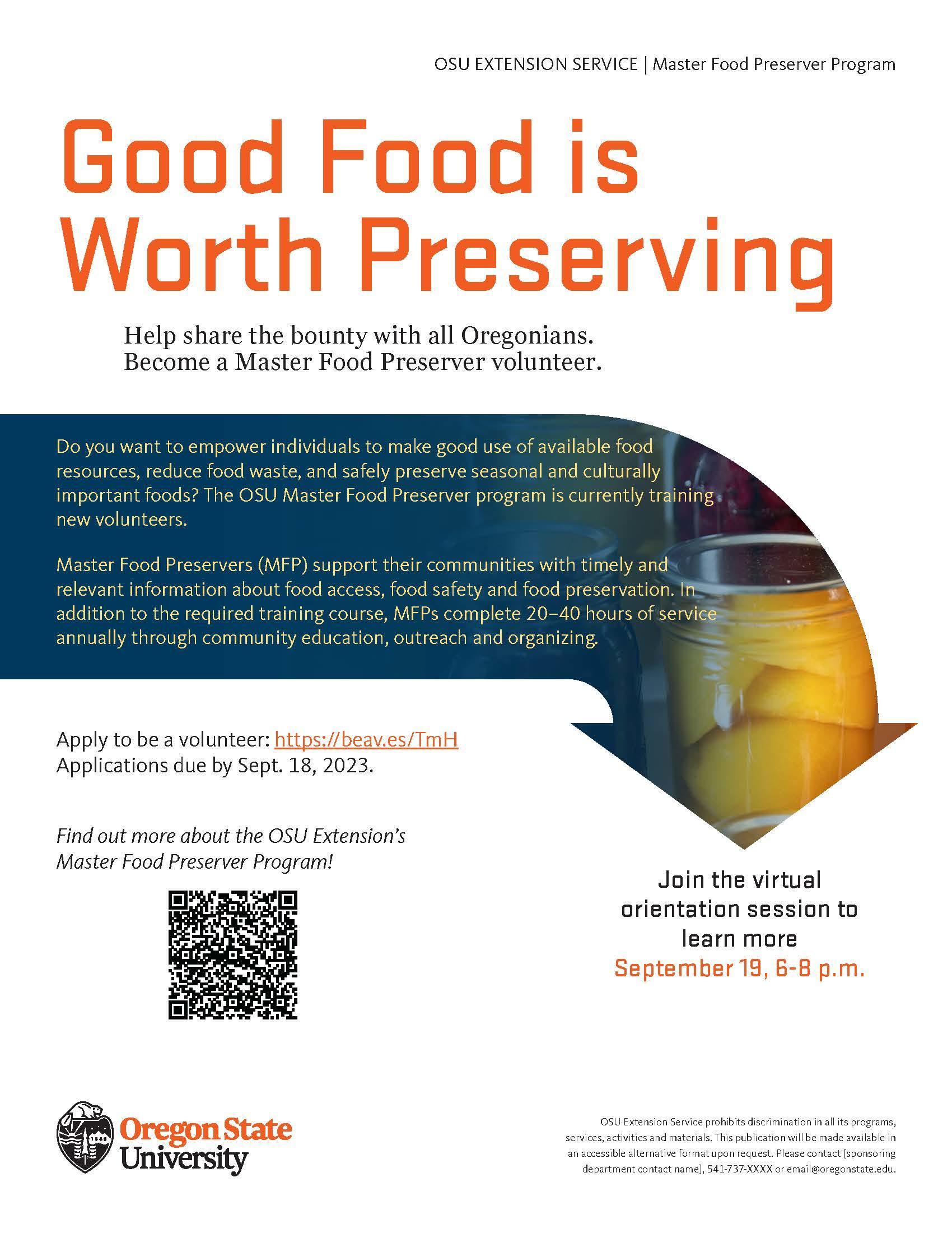 Master Food preservation volunteer training flyer showing a quart of peaches.