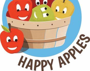 cartoon graphic of apples with smiling faces in basket text "project happy apples"