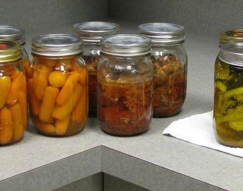 Fourteen jars of pickled products sit on a shelf.