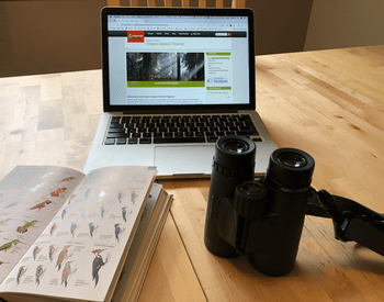 Computer, binoculars, bird watching guide on a table