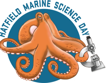 A drawing of an octopus holding a microscope with the title "Hatfield Marine Science Day".