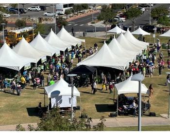 overhead view of a green field with 10 white tents and many people visiting the farmers market