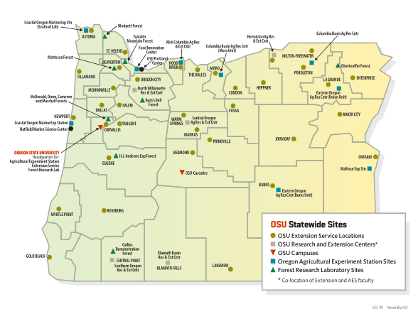 OSU Statewides map of OSU Extension Service locations, OSU Research and Extension Centers, OSU Campuses, Oregon Agricultural Experiment Station Sites, Forest Research Laboratory Sites