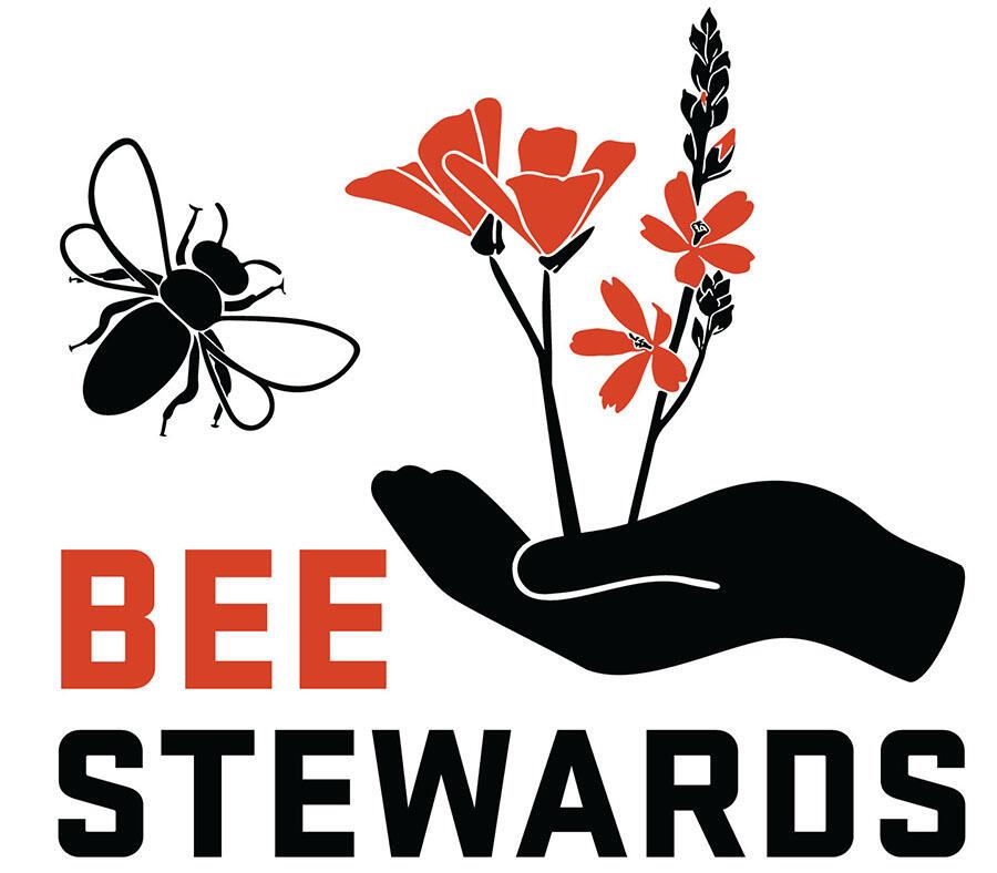 Bee Stewards Program logo - a hand is holding flowers that are attracting a bee