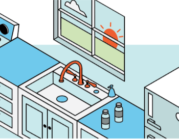 illustration of kitchen with sink, window, water bottles on counter