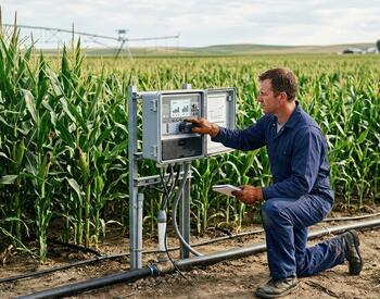 man checking panel adjacent to water pipe in cornfield