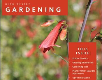 Cover of April/May High Desert Gardening Newsletter featuring a red penstemon flower